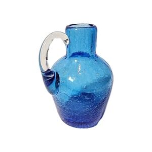 Blenko Style Little Blue Jug Crackle Glass  Vase. Excellent Condition 4"